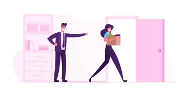 Karantina Covid 19 sırasındaki görevden alınma. Kızgın Patron Karakteri Bağırıyor, Azarlıyor ve Kadın İşçiyi Kovuyor. Stresli Tıbbi Maskeli Çalışan Kutuyla Ofisi Terk Ediyor. Çizgi film Vektör İnsanlar İllüstrasyonu