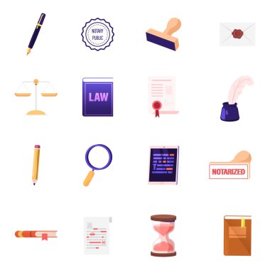 Simge Kalemi ve Rubber Stamper seti, Balmumu Mühür Mektubu, Ölçek ve Hukuk Kitabı. Kağıt Belgesi, Mürekkep hokkası, Tablet, Kum Saati Beyaz Arkaplan 'da izole edildi. Çizgi film Vektör İllüstrasyonu