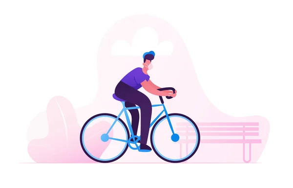 Karakter Man Cyclist di Medical Mask Riding Bike Outdoors di City Park Ignoring Quarantine Isolation. Sepeda Gaya Hidup Aktif, Ekologi Transportasi, Pandemik, Polusi Udara. Ilustrasi Vektor Kartun - Stok Vektor