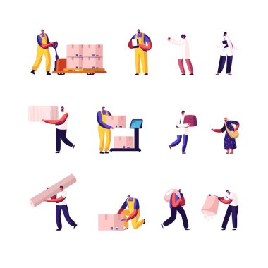 Erkek ve Kadın Karakterler Yük ve Mal Teslimatı ve Nakliyat, Pamuk ve Kumaş Toplama Mesleği Beyaz Arkaplan 'da tecrit edildi. Çizgi film Vektör İnsanlar İllüstrasyonu, Klip Sanatı