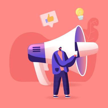 Abartı, blog yazma ya da Sosyal Medya Ağı Kavramı. Dev Megafon 'daki Erkek Karakter Standı' nda Akıllı Telefon ile El Yayın Viral Yayını Video Posta, Duyuru. Çizgi film Vektör İllüstrasyonu