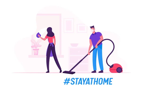 Happy Couple in Medical Masker Homework Duties and Everyday Activity during Covid19 Quarantine Self Isolation (dalam bahasa Inggris). Characters Cleaning House Wiping Window, Vacuuming Rag. Ilustrasi Orang Vektor Kartun - Stok Vektor