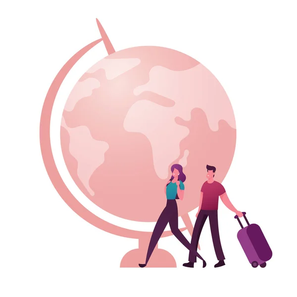 Casal de Personagens Masculinos e Femininos com Bagagem e Mochila Passando por Enorme Globo da Terra. Viajantes escolhem viagem de férias de verão, pessoas planejando orçamento de viagem. Desenhos animados Vector Ilustração — Vetor de Stock