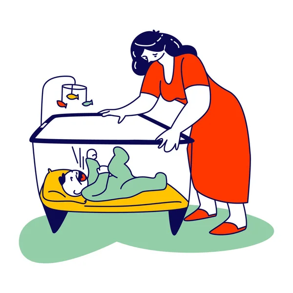 Άγρυπνη νύχτα, φροντίδα μητέρας, αγάπη. Νεαρή κουρασμένη γυναίκα σταθεί στο μωρό Cradle και κοιτάζοντας στο κλάμα νεογέννητο παιδί με κράμπες. Μητρότητα, πατρότητα, οικογένεια με παιδί. Γραμμική απεικόνιση διανυσματικών ατόμων — Διανυσματικό Αρχείο