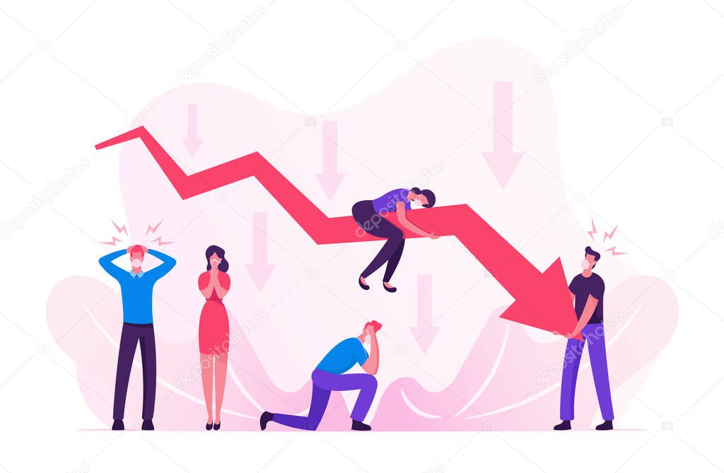 Financial Crisis, Economic Recession Fail during Covid 19 Pandemic. Sad Business People Characters in Medical Masks around Decline Red Arrow Chart, Falling Down Graph. Cartoon Vector Illustration