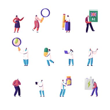 Erkek ve Kadın Karakterleri Belirle Öğrenciler İngilizce Dilbilgisi Testi 'ni geçti. Sıhhiye, beyaz önlüklü ve tıplı insanlar. Doktor, hasta beyaz arka planda izole edildi. Çizgi film Vektör İllüstrasyonu, Klip Sanatı