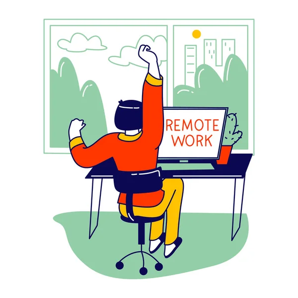 Remote Working Activity. Relaxed Business Woman or Freelancer Character Work on Laptop from Home. Freelance Outsourced Employee Occupation, Online Services, Self Isolation. Linear Vector Illustration — Stock Vector