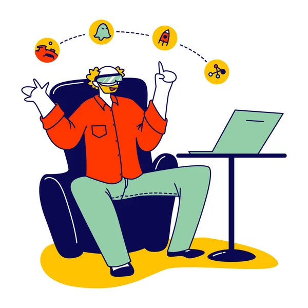 Concepto de realidad virtual y aumentada. Carácter masculino en gafas Vr Touch Interfaz interactiva para trabajar y estudiar en línea. Educación futurista Entretenimiento, aprendizaje. Ilustración de vectores lineales — Archivo Imágenes Vectoriales