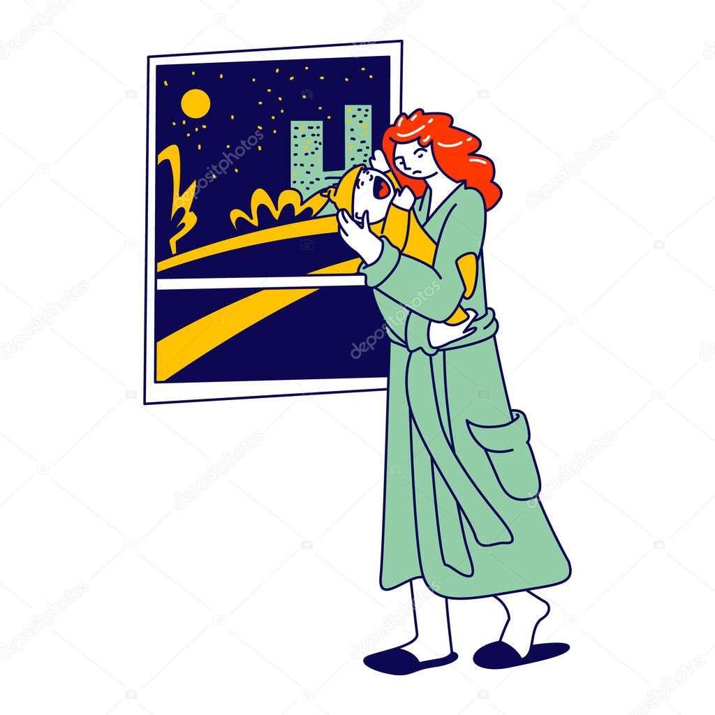 Tired Woman Character with Sleepy Face Holding Newborn Baby on Hands Rock to Sleep Crying Child with Cramps, Singing Song for Good Dreams. Maternity, Mother Care. Linear People Vector Illustration