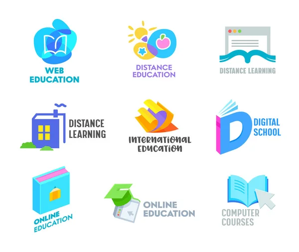 Set of Distance Learning Banners or Icons. 온라인 교육 과정, 홈 스쿨링 컨셉. The Book in Shape of House, Academical Graduation Cap Isolated on White Background. 카툰 Vector Illustration — 스톡 벡터