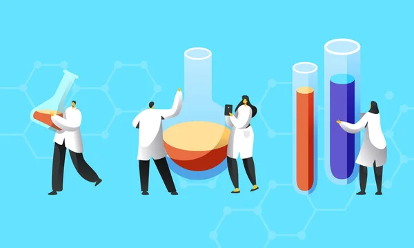 Tiny Scientists Postacie w białych płaszczach Prowadzenie eksperymentów w laboratorium naukowym. Naukowcy płci męskiej i żeńskiej z probówkami w laboratorium chemicznym Badania naukowe. Ilustracja ludzi wektor kreskówek — Wektor stockowy