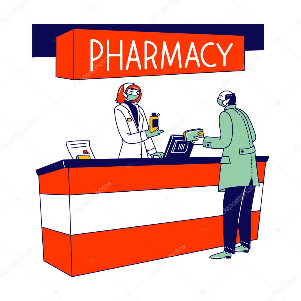 Coronavirus Pandemic Concept. Male Character Wearing Protective Medical Mask Visiting Pharmacy for Buying Medication and Antibacterial Remedy. Man Paying on Cashier. Linear People Vector Illustration