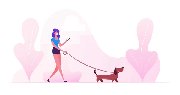 Donna che cammina con il cane all'aperto al Covid 19 Quarantine. Personaggio femminile Trascorrere del tempo con Dachshund Pet in Park Relax, Tempo libero con il cucciolo, Comunicare con gli animali. Illustrazione del vettore del fumetto — Vettoriale Stock