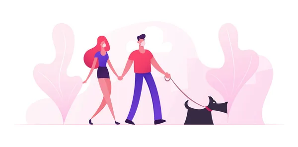 Personajes de pareja amorosa con máscaras médicas paseando con el perro en el parque durante la pandemia de cuarentena de Covid 19. Joven Familia Jugando con Mascotas Al Aire Libre Teniendo Ocio. Dibujos animados Vector Personas Ilustración — Vector de stock