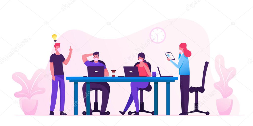 Business People Characters in Medical Masks Sitting at Desk at Board Meeting Discussing Idea in Office. Team Project Brainstorm, Teamwork Process during Covid19 Quarantine. Cartoon Vector Illustration