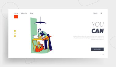 Carpenter Master Laptop İniş Sayfası Şablonu 'nda Online Öğretim Üyesi. Tamirci Erkek Karakteri İnternet 'ten Giyen Adam' ı izliyor. Okuma, kendini eğitme, E-öğrenme. Doğrusal Vektör İllüstrasyonu