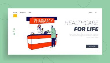 Coronavirus Pandemic Landing Page Şablonu. Koruyucu Tıbbi Maske Ziyaret Eczanesi Erkek Karakteri İlaç Satın Alma, Antibakteriyel İlaç Ödeme Kasiyeri. Doğrusal İnsanlar Vektör İllüstrasyonu
