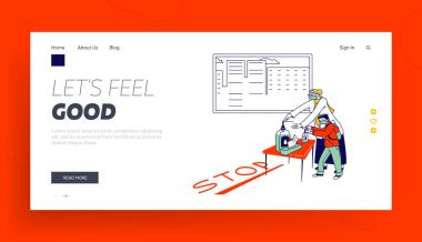 İnsanlar Coronavirus Pandemic Landing Page Şablonu sırasında eczaneyi ya da mağazayı ziyaret ediyor. Stop Line 'da elleri antibakteriyel jelle kaplayan küçük erkek karakterli bir kadın. Doğrusal Vektör İllüstrasyonu