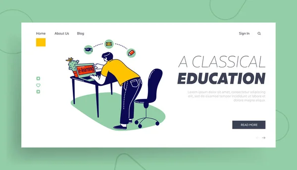 Learning Man Watching Lesson, School Webinar Online Landing Page Template. Student Character Study hemma med laptop. Universitet, högskola, distansutbildning, självisolering. Linjär vektorillustration — Stock vektor