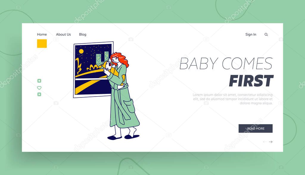 Maternity, Mother Care Landing Page Template. Tired Woman Character with Sleepy Face Holding Newborn Baby on Hands Rock to Sleep Crying Child with Cramps. Linear People. Linear Vector Illustration