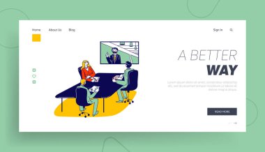 Video Konferansı Uzaktan Öğrenme ve Yetenek Geliştirme İniş Sayfa Şablonu. Çevrimiçi Koç Karakteri TV Ekran Yönetmenliği İş Sunumu, Webinar, Seminer. Doğrusal İnsanlar Vektör İllüstrasyonu