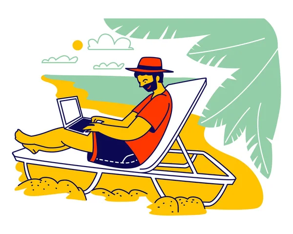 Hombre de negocios guapo Personaje en verano Desgaste sentado en el sofá bajo las palmeras en la playa tropical exótica Trabajando en el ordenador portátil. Freelancer o Empleado Distante, Vacaciones de Verano. Ilustración de vectores lineales — Archivo Imágenes Vectoriales