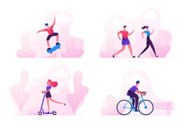 Covid 19 Karantina sırasında Karakterler Spor Aktivitesini Ayarla. Kaykayla Hile Yapan Gençler, Park 'ta Koşan İnsanlar, Scooter Sürenler, Bisiklet Sürenler, Sağlıklı Yaşam Tarzı. Çizgi film Vektör İllüstrasyonu