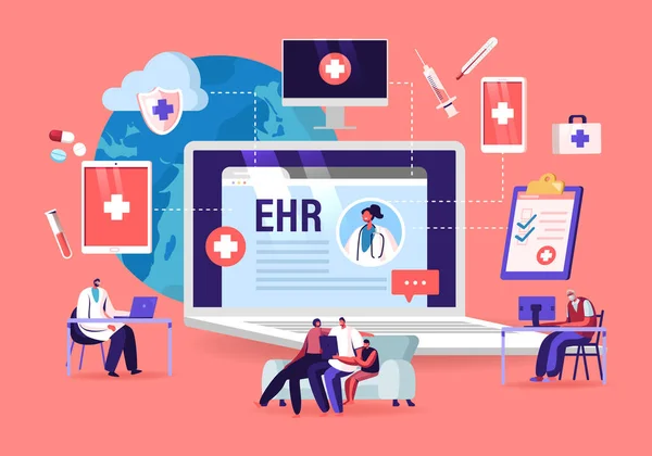 EHR, Health Record Вставьте медицинские данные пациента в планшет. Доктор Используйте цифровые умные советы, чтобы читать отчет онлайн. Современные технологии в больнице. Карикатурный вектор — стоковый вектор
