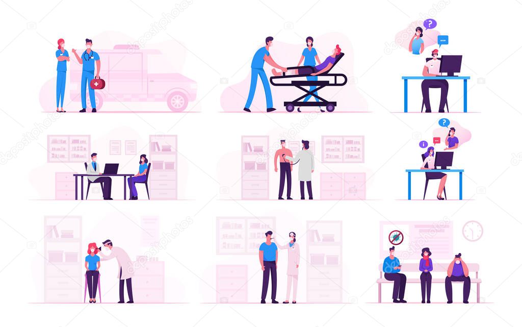 Set Male and Female Characters Wearing Medical Masks Visiting Hospital during Covid19 Pandemic. Global Epidemic of Coronavirus Infection, Quarantine, Self Isolation. Cartoon Vector People Illustration