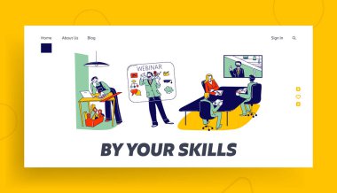 Çevrimiçi Webinar İniş Şablonunu İzleyen Karakterler. Marangoz, İş Adamları Uzaktan Buluşma ve Eğitim İçin Bilgisayar ve Artırılmış Gerçeklik Arayüzü Kullanıyor. Doğrusal Vektör İllüstrasyonu