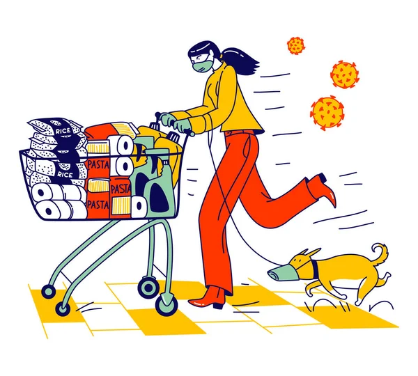 Mujer y Perro en Mascaras Faciales Protectoras Empujando el Carro de Compras Lleno de Diferentes Mercancías para el Juicio Final. Panic in Supermarket, Pandemic Chaos, Character Prepare for Apocalypse. Ilustración de vectores lineales — Archivo Imágenes Vectoriales