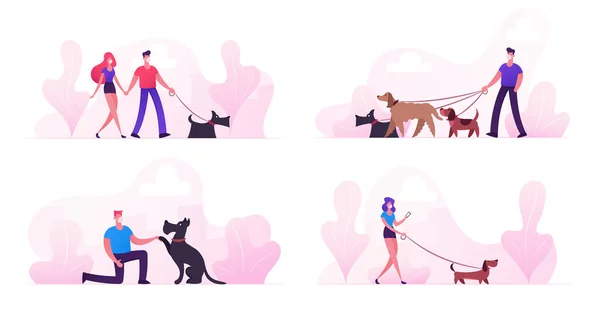 Conjunto de pessoas passando tempo com animais de estimação ao ar livre na quarentena Coronavirus. Personagens Caminhando e Brincando com Cães, Relaxando ao Ar Livre. Lazer, Cuidados com animais. Desenhos animados Vector Pessoas Ilustração —  Vetores de Stock