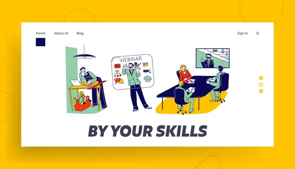 Karaktärer Titta på Online Webinar Landning Page Template. Snickare, Affärsmän Använda Dator och Augmented Reality Interface för avlägsen möte och utbildning. Linjär vektorillustration — Stock vektor
