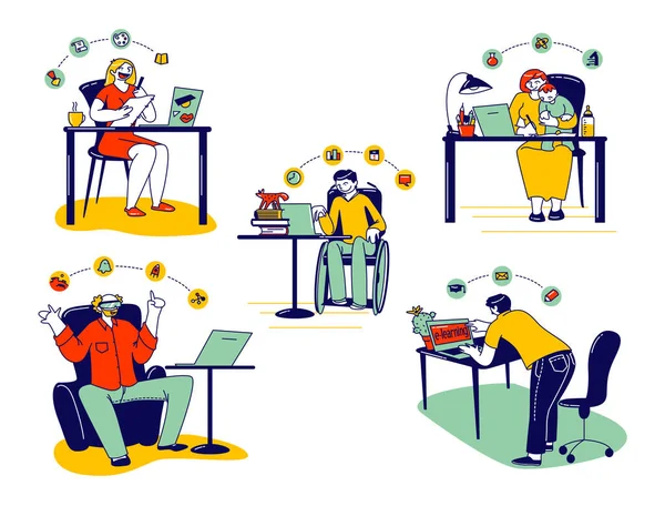 Ensemble de personnes obtiennent l'éducation en ligne. Personnages étudiants jeunes et adultes portant des lunettes Vr travaillent sur ordinateur portable. Mère avec bébé sur les mains Apprentissage de l'électronique à distance, Webinaires. Illustration vectorielle linéaire — Image vectorielle