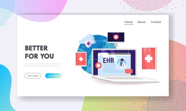 Ehr, Electronic Health Record Landing Page Template. Innovative Technologies in Health Care and Medicine, Online Report from Patients to Doctors via Digital Devices. Cartoon Vector Illustration clipart