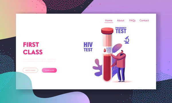 Express Test for Detection Aids, Dna, Pregnancy or Hiv Disease Landing Page Template. Tiny Male Character Stand Huge Glass Flask with Blood Sample Waiting Result Analysis. Cartoon Vector Illustration