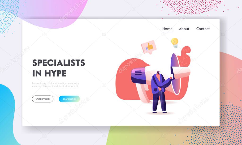 Hype, Blogging or Social Media Networking Landing Page Template. Man Character Stand at Huge Megaphone with Smartphone in Hand Broadcasting Viral Streaming Video Post. Cartoon Vector Illustration