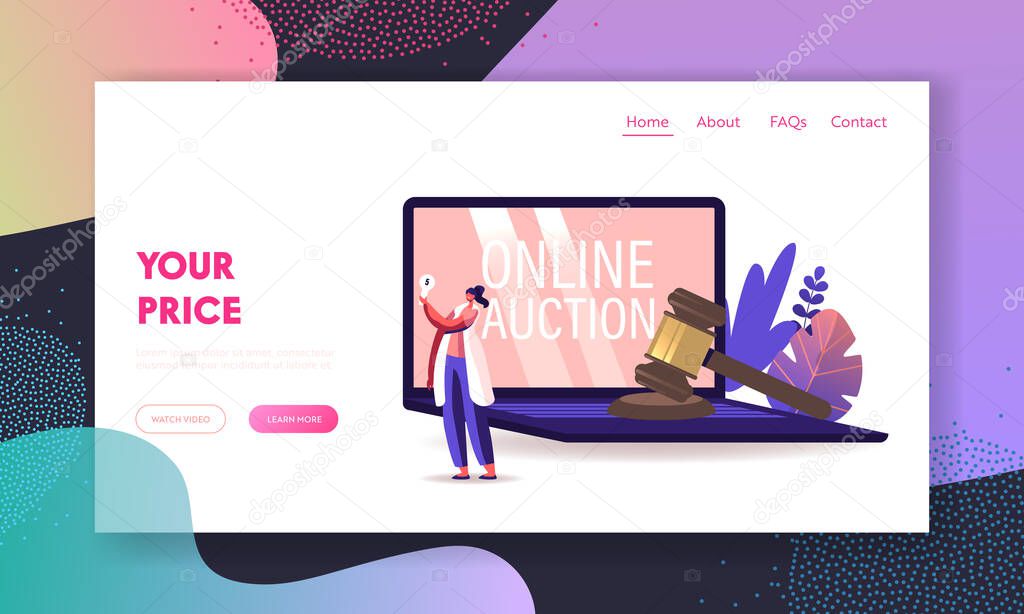 Woman Buying Assets in Internet Using Online Platform Landing Page Template. Female Character Holding Bid Plate at Huge Laptop with Online Auction Inscription on Screen. Cartoon Vector Illustration