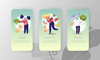 Vejetaryen Diyet Mobil Uygulama Sayfası Ekran Şablonu. Tiny People Karakterleri Sağlıklı Yaşam Tarzı, Organik Vegan Yiyecekleri Enerji ve Sağlık Konsepti Olarak Seçer. Çizgi film Vektör İllüstrasyonu