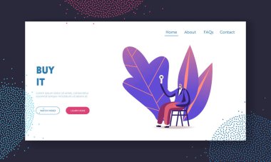 Açık Artırma İniş Sayfa Şablonu. Kıdemli Erkek Karakter Koltuğa Oturan Takım Elbiseli ve Satın Alma için Yükselen Teklif Kurulu. Müzayede sırasında tahsildar. Çizgi film Vektör İllüstrasyonu