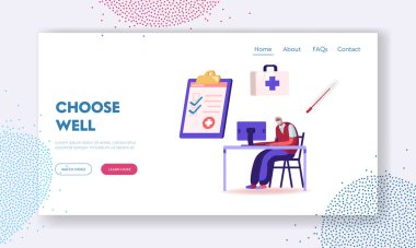 Kıdemli hasta AİHM, Elektronik Sağlık Kayıt İniş Sayfası Şablonu kullanıyor. Yaşlanmış Karakter, Doktor 'u İnternet, Tıp İnovasyonu yoluyla göndermek için Bilgisayara Tıbbi Veri Ekle. Çizgi film Vektör İllüstrasyonu