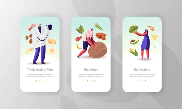 Dieta, stile di vita sano, Organic Food Choice Mobile App Page Modello di schermo a bordo. Piccole persone personaggi mangiano frutta, verdura, uova di formaggio. Concetto di prodotti vegetariani. Illustrazione del vettore del fumetto — Vettoriale Stock