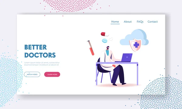 EHR, Electronic Health Record Landing Page Template (em inglês). Personagem Médico Usando Tecnologia Digital Moderna em Dispositivo Inteligente Hospitalar para Ler Informações de Saúde em Tablet Online. Desenhos animados Vector Ilustração —  Vetores de Stock