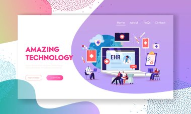 EHR, Elektronik Sağlık Kayıt İniş Sayfası Şablonu. Hasta Karakteri Tablet 'e Tıbbi Veri Ekle. Doktor Çevrimiçi Raporu Okumak için Dijital Akıllı Aygıt Kullan. Çizgi film İnsanları Vektör İllüstrasyonu