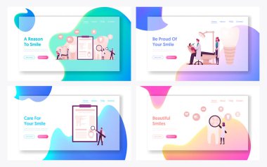 Ağız Ortodonti, Estetik Stomatoloji, Diş Protezleri, Diş Yenileme İniş Sayfası Şablonu. Doktor Karakter Veneers, Hastaya İmplantlar. Çizgi film İnsanları Vektör İllüstrasyonu
