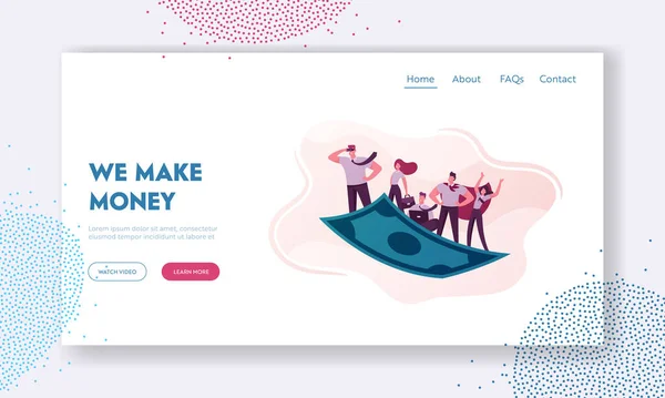 Geschäftsleute Team Reisen auf Flying Money Carpet Landing Page Template. Geschäftsmann Manager im Superheldenmantel, finanzieller Erfolg, Teamwork-Richtung, Zielerreichung. Zeichentrickvektorillustration — Stockvektor