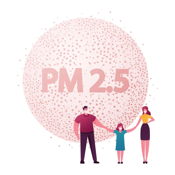 Personagens familiares vestindo máscaras protetoras de rosto segurando as mãos. Conceito de Poluição do Ar do Ambiente da Cidade com Tubos Industriais Emitindo Pm 2,5 Dust Smoke and Smog. Desenhos animados Pessoas Vector Ilustração — Vetor de Stock