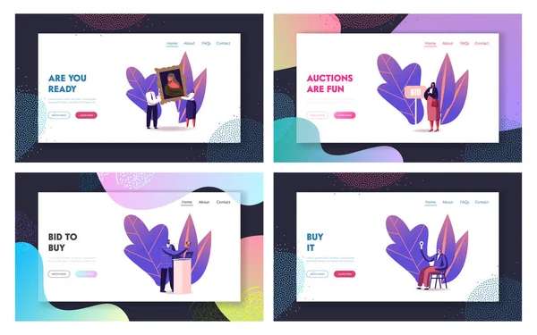 Çevrimiçi Açık Artırma İniş Şablonu. Müzayedeci, İnsan Koleksiyoncuları İnternet 'ten mal satın alıyor. Dev Laptop ve Gavel Holding ve Yükselen Teklif Kurulu 'ndaki Küçük Karakterler. Çizgi film Vektör İllüstrasyonu