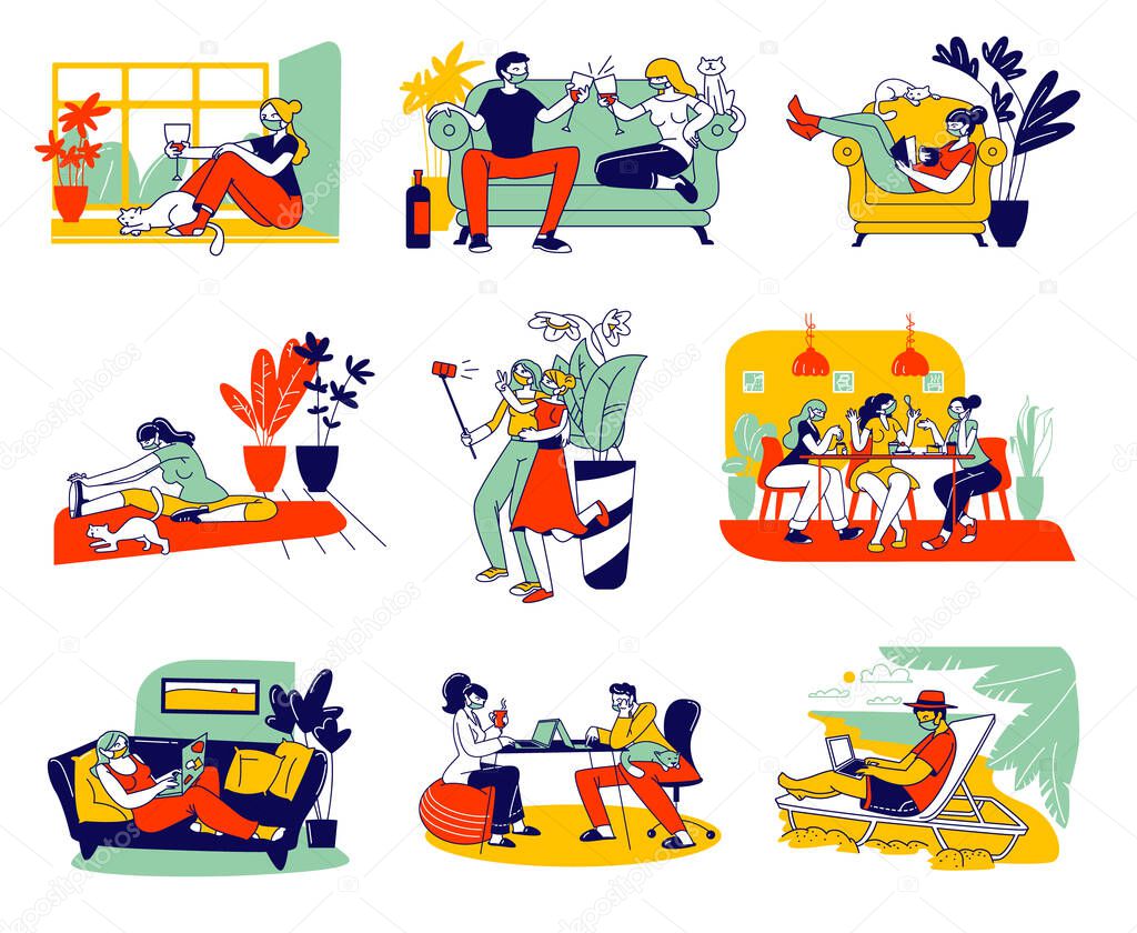 Set of Male and Female Characters on Coronavirus Quarantine and Stay Home Self Isolation. People Wearing Facial Medical Masks Distant Working, Reading, Sport Exercising . Linear Vector Illustration