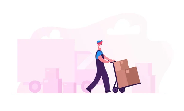 Relocation and Moving into New House. Worker Character in Medical Mask Push Trolley with Cardboard Box Unloading Truck. Delivery Company Loader Service at Covid19 Pandemic. Cartoon Vector Illustration — Stock Vector